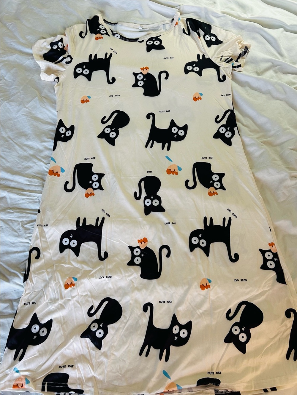 Cute Cat Print Soft White Nightdress / Nightgown PJ with Black Cat Pattern XL